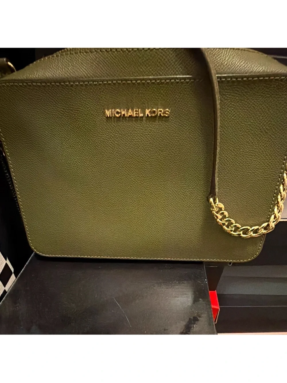 Michael Kors Olive Leather Dome Shoulder Bag with Gold Chain